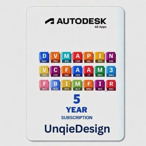 Può includere: Una carta bianca con il logo Autodesk e la scritta "All Apps". Mostra una griglia di icone di app colorate e le parole "5 YEAR SUBSCRIPTION". Il logo UnqieDesign si trova in basso.