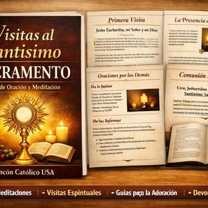 Puede incluir: Un libro titulado "Visitas al Santisimo Sacramento" con letras doradas y un símbolo religioso dorado. El libro está abierto en páginas con texto. Velas y un pequeño libro abierto están frente al libro. El texto "Rincon Catolico USA" es visible.
