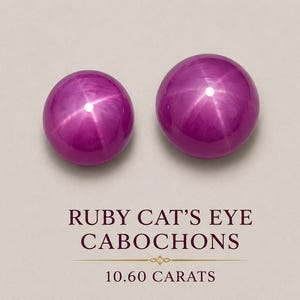 Op de afbeelding: Twee ronde, diep magenta robijn kattenoog cabochons met een duidelijke chatoyante lichtband. Onder de stenen staat de tekst RUBY CAT'S EYE CABOCHONS en 10.60 CARATS, gescheiden door een dunne horizontale lijn met een klein decoratief element.