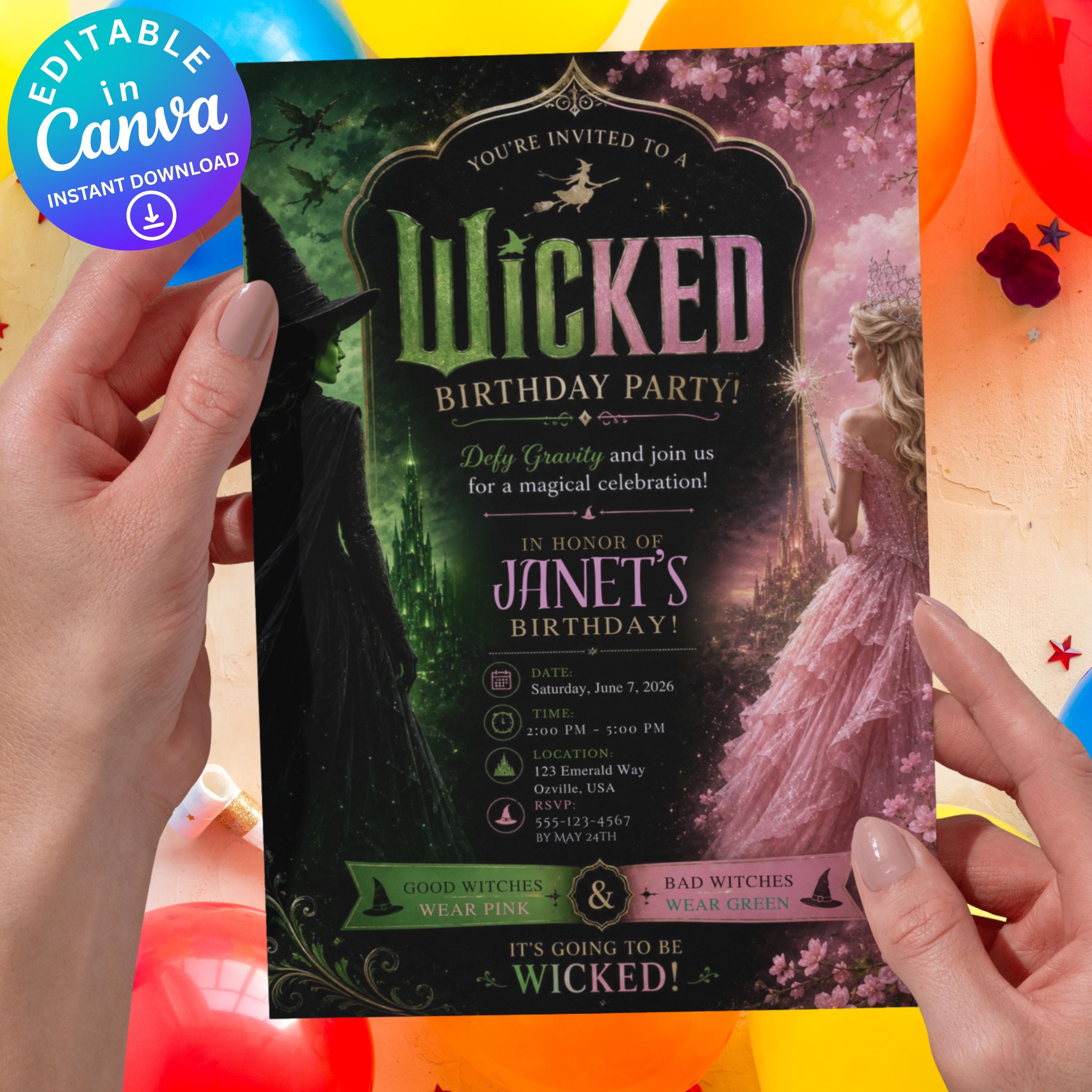 Downloadable Wicked Invitations Wicked Inspired Birthday Invitation Editable Canva Template | Party ...