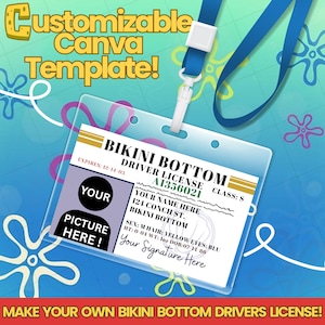 Puede incluir: Una plantilla personalizable de Canva para un permiso de conducir de Fondo de Bikini. El diseño presenta un soporte de plástico transparente con un cordón azul. La licencia incluye campos para una foto, nombre y firma, con el texto "Bikini Bottom" y "Driver License".