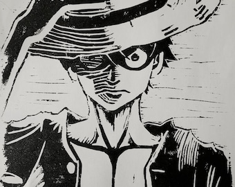 Linograbado de Monkey D. Luffy de One Piece.