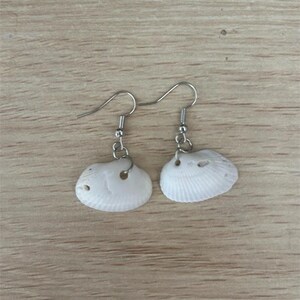 May include: A pair of seashell earrings. Each earring features a small, white seashell suspended from a silver-colored fish hook ear wire. The seashells have a natural, textured appearance and are oval-shaped.