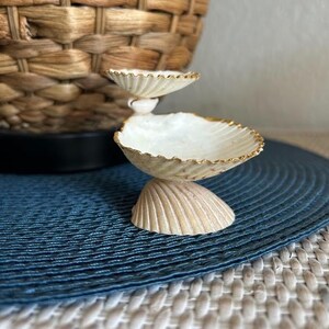 Sanibel Scallop Shell Ring Dish | Handmade Stacked Shell Jewelry Tray | Gold Trim | Beach Decor Catch-All