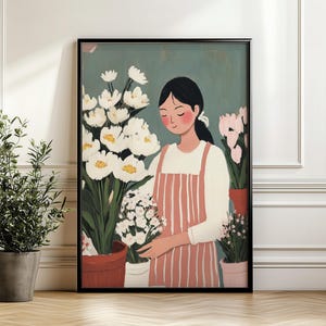 Maximalist Floral Arrangement Art, Cottagecore Woman with Flowers