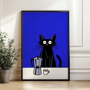 Maximalist Black Cat Coffee Art with Espresso Pot Illustration