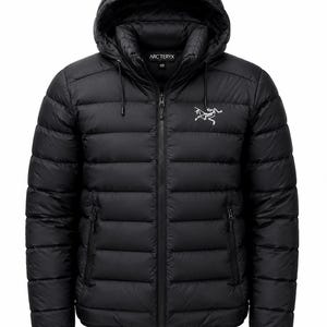 May include: A black hooded puffer jacket featuring horizontal quilted baffles, a full-length front zipper, and two zippered side pockets. The Arc'teryx logo is embroidered in white on the left chest, and the brand name is printed on the inner collar.