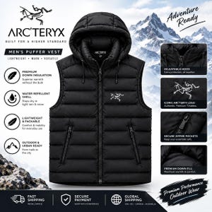 Arcteryx Mens Black Hooded Puffer Vest, Insulated Down Vest, Winter Quilted Vest, Warm Outdoor Hiking Vest, Sleeveless Jacket