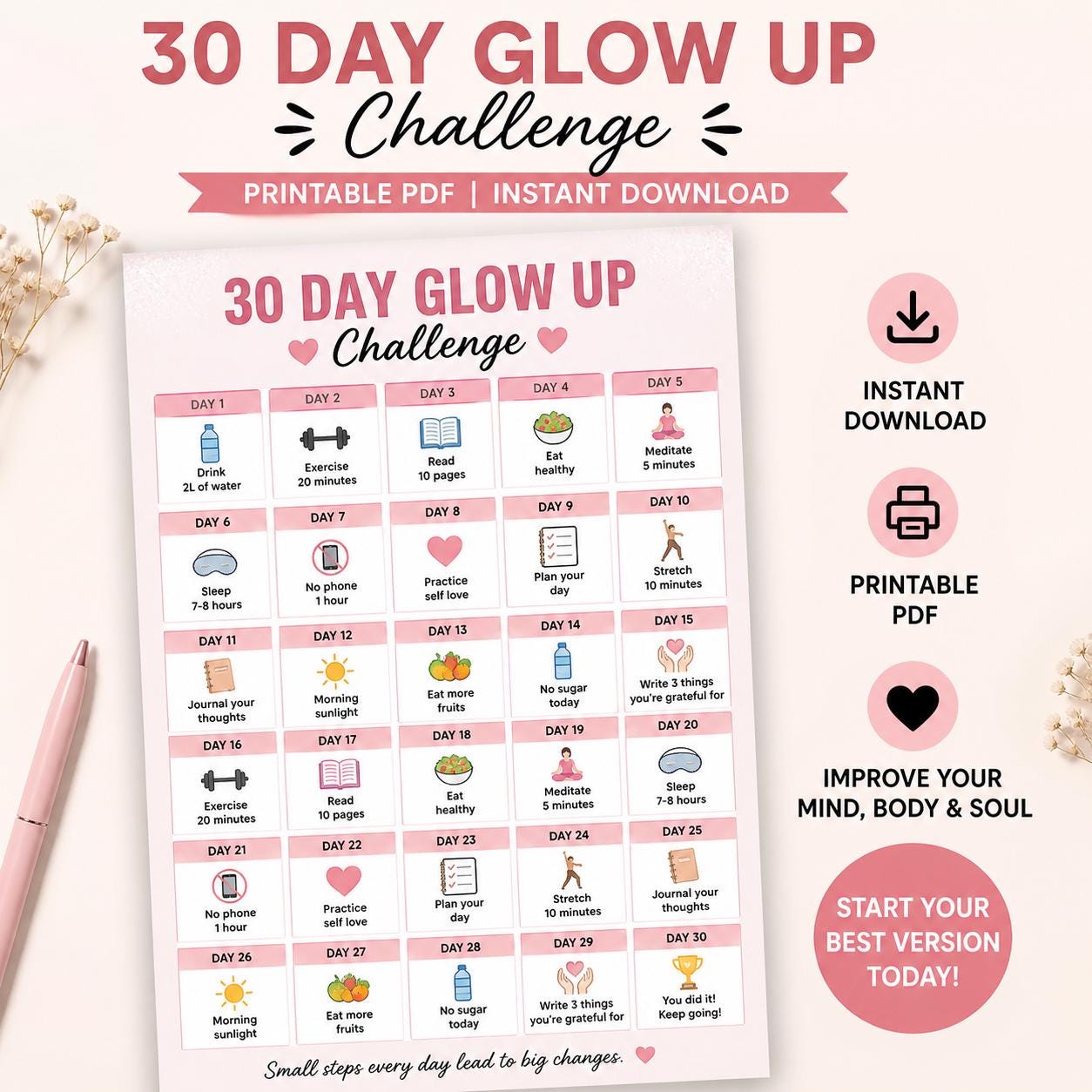 30 Day Glow up Challenge | Self-improvement Habit Tracker (printable ...
