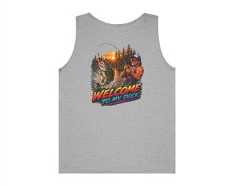 Copy of 80s Retro Fishing Tank Top, Funny Welcome to My Dock Shirt, Vintage Bass Fishing Graphic Tee, Summer Lake Dad Humor Tank, Back Side