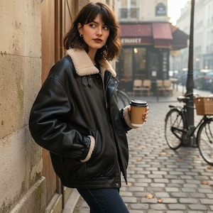 Shearling-Lined Faux-Leather Aviator Jacket — Cozy Fur-Collar Bomber Coat, Oversized Vintage Pilot Outerwear for Women