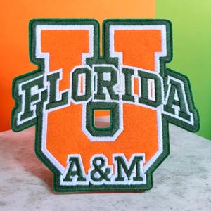 May include: A large, orange, felt-like letter U patch with a thick dark green border and white trim. The word FLORIDA is embroidered in dark green across the top of the U, and the letters A&M are embroidered in dark green at the bottom.