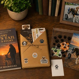 May include: A book titled Every Dog's Tail Tells a Story by Lisette Rodriguez, a brown paper-wrapped package tied with twine, a clear plastic bag with black paw print stickers, a small white card with a paw print, and a photograph of a beagle in a wheelchair.