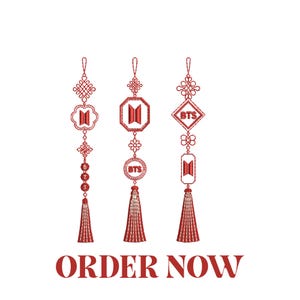 May include: Three red embroidered hanging ornaments featuring intricate knotwork, tassels, and the BTS logo in various shapes including a flower, octagon, and diamond. The text ORDER NOW is printed in red at the bottom of the image.