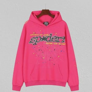 May include: Bright pink hoodie with a front pocket and a hood. The front displays the word "Spider" in a decorative font, with a spiderweb design and the text "defend the punk" and "bares the alibi".