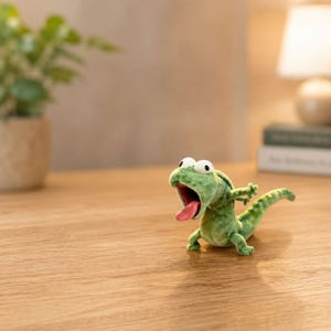 May include: A green plush lizard toy with its mouth open and a pink tongue visible. The toy has large white eyes and small arms. The lizard is on a wooden surface.
