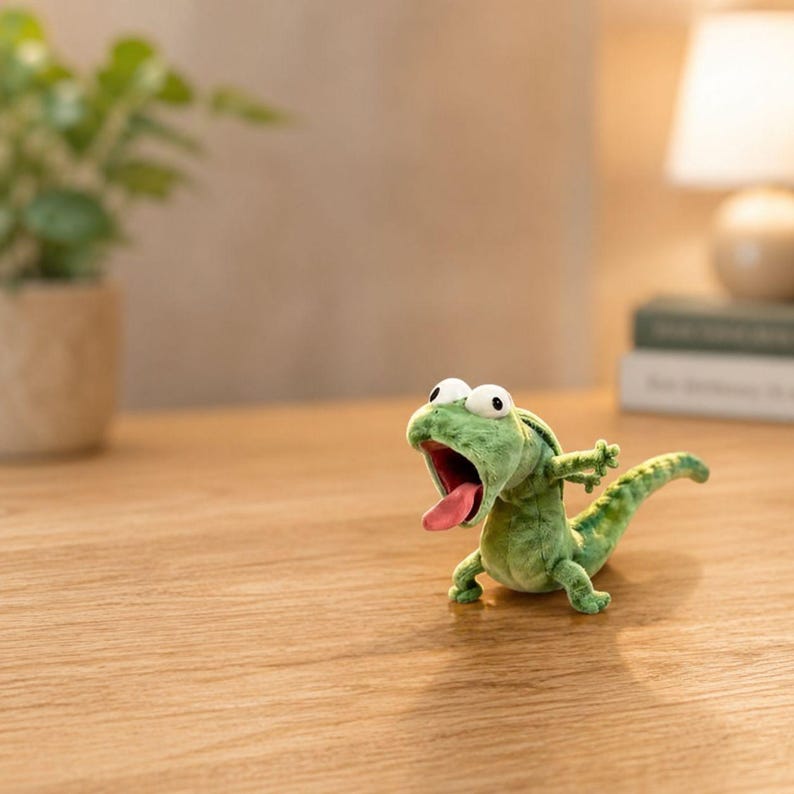 May include: A green plush lizard toy with its mouth open and a pink tongue visible. The toy has large white eyes and small arms. The lizard is on a wooden surface.