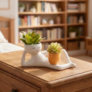 Pode incluir: Um vaso de cerâmica branca em forma de figura reclinada com um rosto sorridente, apresentando uma suculenta verde na cabeça e um vaso laranja menor contendo uma suculenta verde-clara posicionada perto da área do quadril da figura.