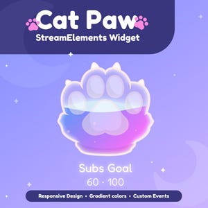 Peut inclure: Graphique numérique avec un design de patte de chat aux dégradés bleus, violets et roses. Le texte "Cat Paw StreamElements Widget" est en haut. En dessous de la patte, on trouve "Subs Goal 60-100". Le texte supplémentaire comprend "Responsive Design, Gradient colors, Custom Events."