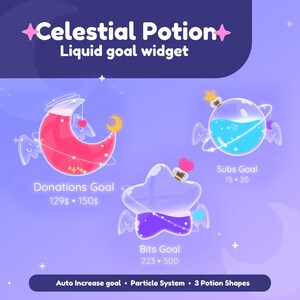 May include: A graphic with the text "Celestial Potion" and "Liquid goal widget." It features three potion-shaped containers: a red crescent moon, a blue sphere, and a purple star. Each has wings and a goal label.