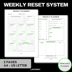 May include: A two-page weekly planner system printed on white paper with black text and green accents. The layout includes sections for top priorities, money, daily tasks, focus scores, performance metrics, system reviews, and a final week score.
