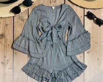 Item 59 Surf Gypsy Soft Denim Metallic Grey Striped Romper Sz M