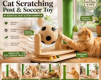 Handmade Cat Scratching Post with Soccer Toy | Sisal Scratcher, Space-Saving Pet Furniture