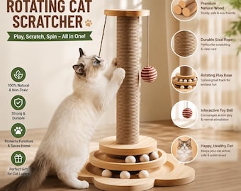 Handcrafted Rotating Cat Scratcher | Wooden Sisal Tower, Interactive Play Stand