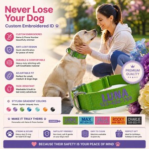 May include: A bright green dog collar featuring custom purple embroidery of the name LUNA and a phone number. The collar includes a heavy-duty metal D-ring, an adjustable slider, and a secure buckle closure, designed for durability and comfort.