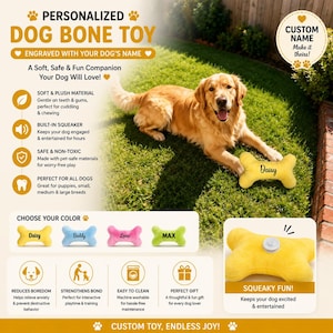 Peluche personalizado con forma de hueso para perros, con chirriador y nombre de mascota personalizado, regalo suave para masticar.
