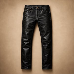 Pantalones de cuero de búfalo negro para hombre: estilo clásico de 5 bolsillos, diseño sin costuras en las rodillas.