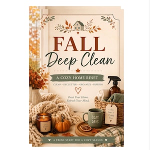 May include: A vertical sign featuring the text FALL Deep Clean A COZY HOME RESET, CLEAN DECLUTTER ORGANIZE REFRESH, Reset Your Home. Refresh Your Mind. A FRESH START FOR A COZY SEASON. The design includes a house, autumn leaves, a candle, and a mug.