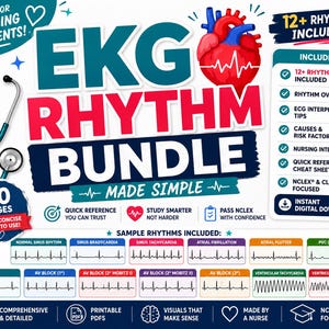 May include: An EKG Rhythm Bundle digital download for nursing students. The image features a stethoscope, a heart graphic, and sample rhythms. Includes 12+ rhythms, ECG interpretation tips, and quick reference cheat sheets. Made by a nurse.