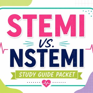 Puede incluir: Gráfico colorido con las palabras "STEMI vs. NSTEMI" en rosa y azul marino, con una ilustración de corazón y una pancarta de guía de estudio. El diseño incluye un símbolo de corazón y una combinación de colores verde y rosa.