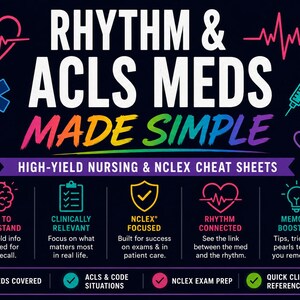 May include: A black educational graphic titled RHYTHM & ACLS MEDS MADE SIMPLE, featuring colorful icons like a heart rhythm, syringe, and brain. It lists features including easy to understand, clinically relevant, NCLEX focused, rhythm connected, and memory boosters for nursing students.