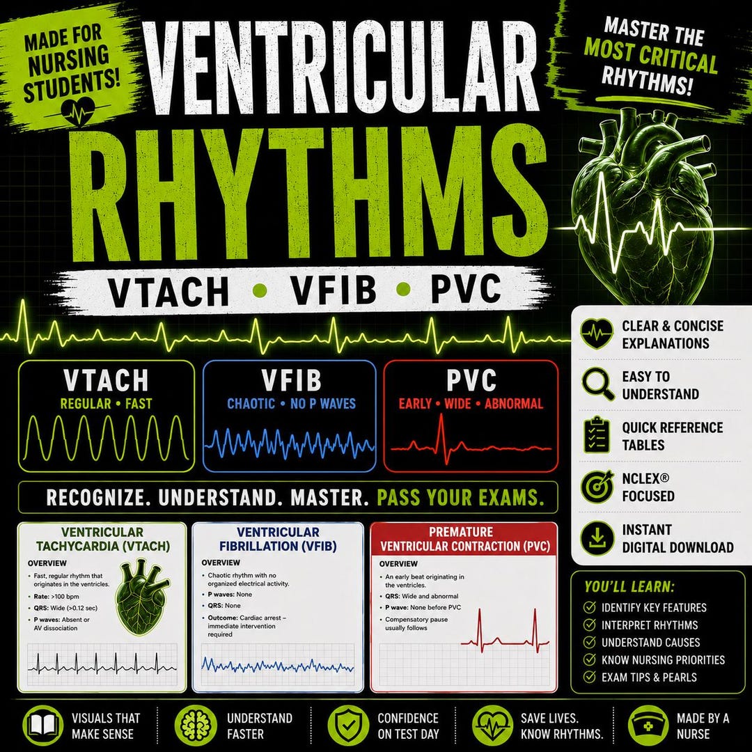 Ventricular EKG Rhythms Study Guide | Vtach, Vfib, Pvcs ECG Cheat Sheet ...