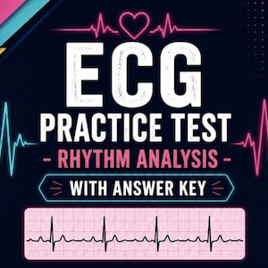 May include: A graphic with the text "ECG PRACTICE TEST - RHYTHM ANALYSIS - WITH ANSWER KEY" in white and red. The background is dark blue with a grid pattern and colorful accents. A pink heart and ECG waveforms are also present.