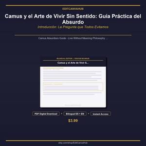 Op de afbeelding: Een digitaal document getiteld Camus y el Arte de Vivir Sin Sentido: Guía Práctica del Absurdo, met een tweetalige editie met praktische oefeningen. De lay-out bevat tekstkoppen, een centraal inhoudsblok en labels voor PDF-downloads.