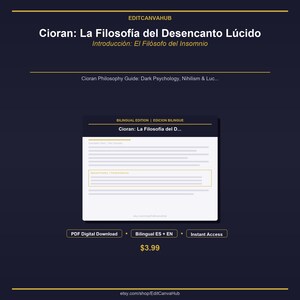 Op de afbeelding: Advertentie voor een digitaal downloadproduct op een donkerblauwe achtergrond. De titel luidt "Cioran: La Filosofía del Desencanto Lúcido" met de ondertitel "Introducción: El Filósofo del Insomnio". Het product is een tweetalige gids over donkere psychologie en nihilisme.