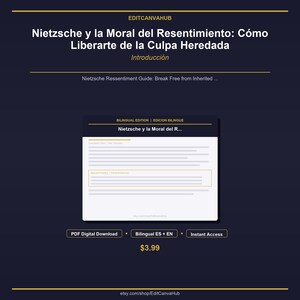 May include: A dark blue digital download graphic with the title "Nietzsche y la Moral del Resentimiento: Cómo Liberarte de la Culpa Heredada" in white text. The graphic also includes the text "Bilingual ES + EN" and "PDF Digital Download".