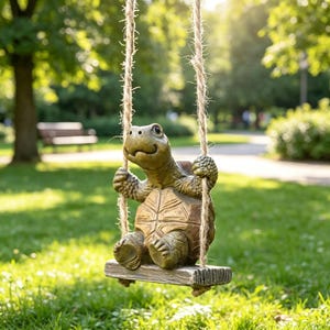 Może przedstawiać: Dekoracyjna figurka ogrodowa przedstawiająca uśmiechniętego żółwia siedzącego na małej drewnianej huśtawce zawieszonej na dwóch grubych linach jutowych. Żółw ma teksturowaną skorupę i skórę w kolorze oliwkowym, a przednimi kończynami trzyma się lin huśtawki.