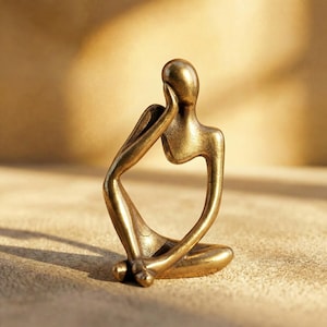Solid Brass Thinker Figurine, Abstract Human Sculpture Desk Decor, Miniature Seated Pose Statue, Brass Philosophy Art, Zen Office Gift
