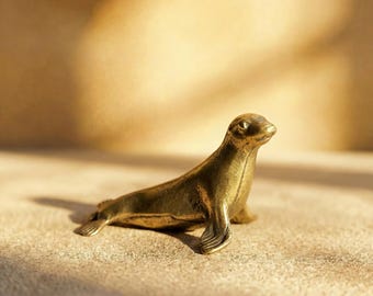 Solid Brass Sea Lion Figurine, Vintage Ocean Animal Statue, Miniature Seal Sculpture, Coastal Desk Decor, Sea Life Collector Gift