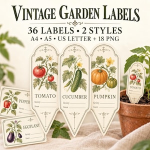 Op de afbeelding: Een set vintage tuinlabels met botanische illustraties van groenten zoals tomaten, komkommers, pompoenen, paprika's en aubergines. De tekst luidt VINTAGE GARDEN LABELS, 36 LABELS, 2 STYLES, A4, A5, US LETTER, 18 PNG.
