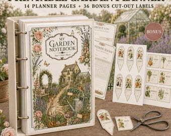 Zestaw planera ogrodu do druku: Vintage Gardening Journal, 36 etykiet na rośliny, format A4, A5, US Letter