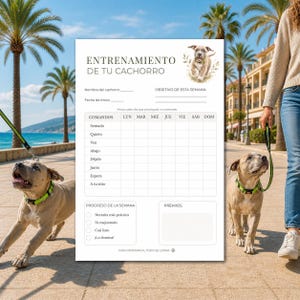 以下が含まれることがあります： 「ENTRENAMIENTO DE TU CACHORRO」というタイトルのスペイン語の犬の訓練チャート。犬の名前、開始日、毎週のコマンド追跡グリッドのセクションが含まれています。画像には2匹の犬が写っており、1匹はリードにつながれています。