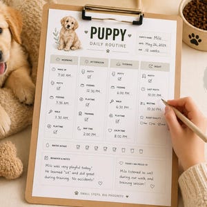 Peut inclure: Un chiot golden retriever à côté d'un presse-papiers avec un tableau "PUPPY DAILY ROUTINE". Le tableau comprend des sections pour le réveil, la propreté, l'alimentation, le jeu et le sommeil. Un jouet en forme d'os et un bol de nourriture pour chien sont également visibles.
