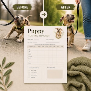 May include: A before-and-after image shows a puppy training tracker. The tracker features a chart to monitor commands like "Sit," "Stay," and "Come." The image includes a puppy on a leash, a green collar, and the text "Puppy Training Tracker."