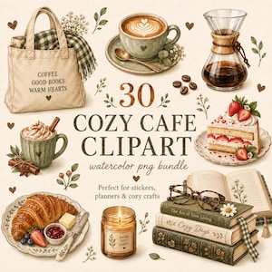 May include: A collection of watercolour illustrations featuring a canvas tote bag with text, a coffee cup, a glass carafe, a strawberry cake slice, a croissant, a candle, and stacked books with glasses, labelled 30 COZY CAFE CLIPART watercolour png bundle.
