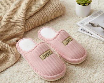 Soft Pink Corduroy House Slippers | Cozy Plush Indoor Slides | Cute Women's Home Shoes | Warm Winter Slippers Gift